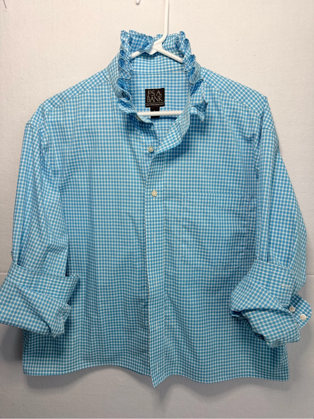 Ruffle collar Upcycled Jos. A. Bank Robins Egg Blue Men's Shirt